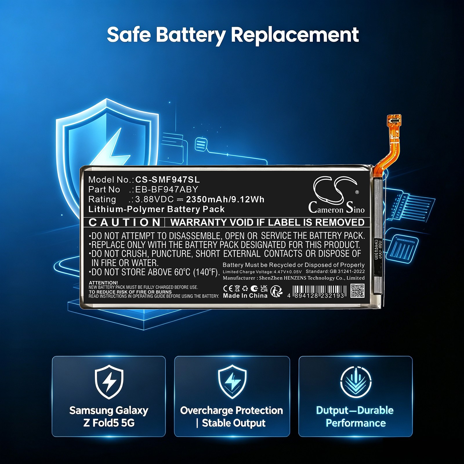 Batteri til mobiltelefon, smartphone til Samsung Galaxy Z Fold5 5G, SM-W9024, W24 5G m.fl.