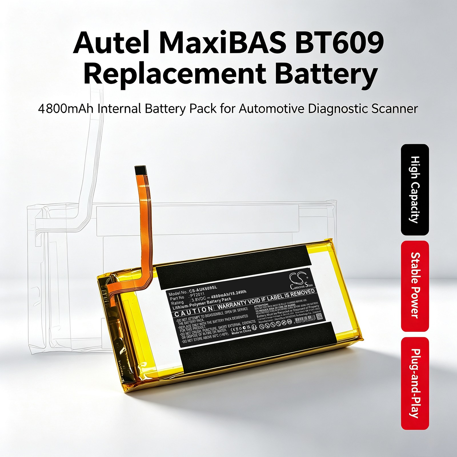 Batteri til diagnostisk scanner til Autel MaxiBAS BT609-scanner