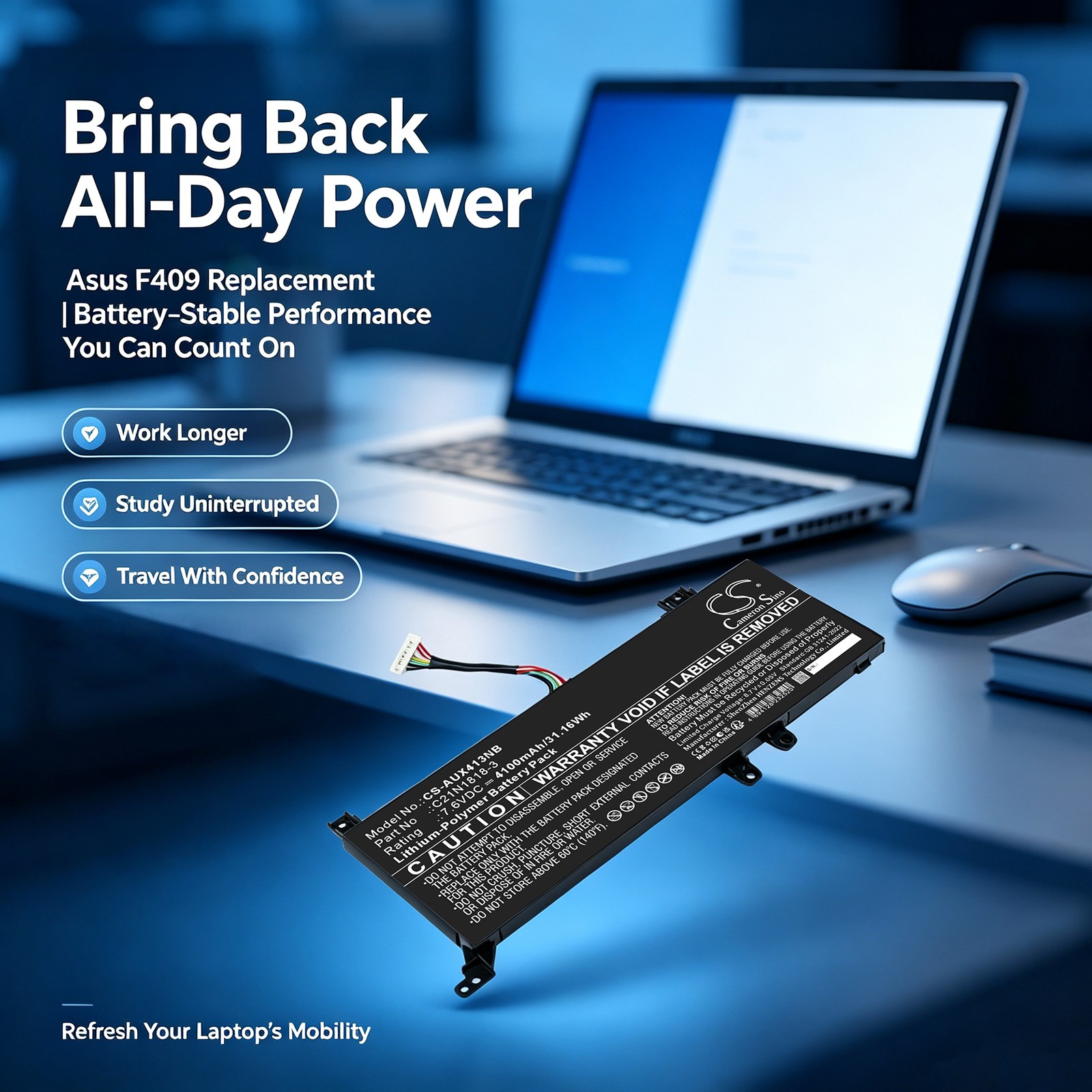 Batteri til bærbar computer, laptop til Asus VivoBook D409, F409, M409 m.fl.