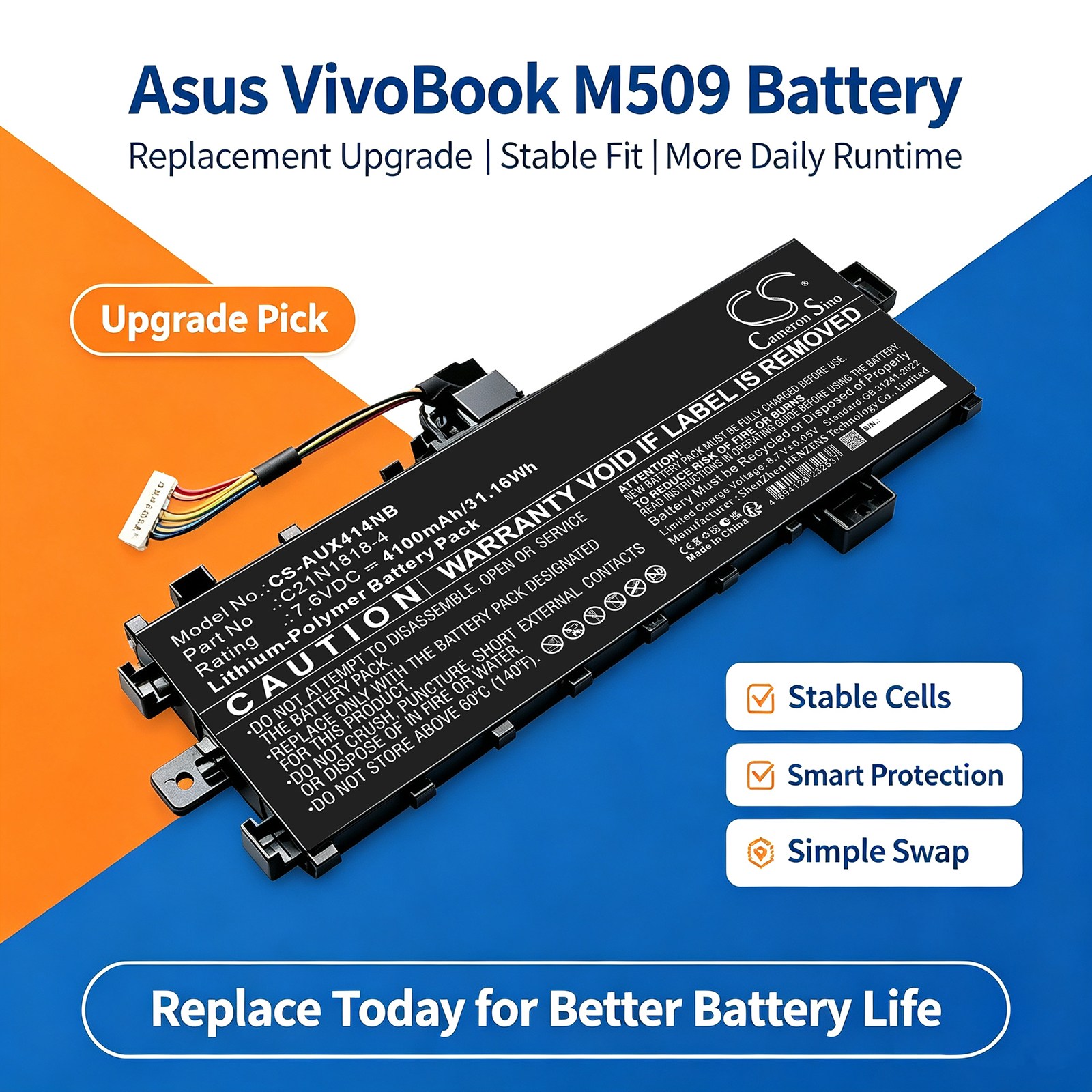 Batteri til bærbar computer, f.eks. Asus VivoBook M509DA-EJ025T m.fl.