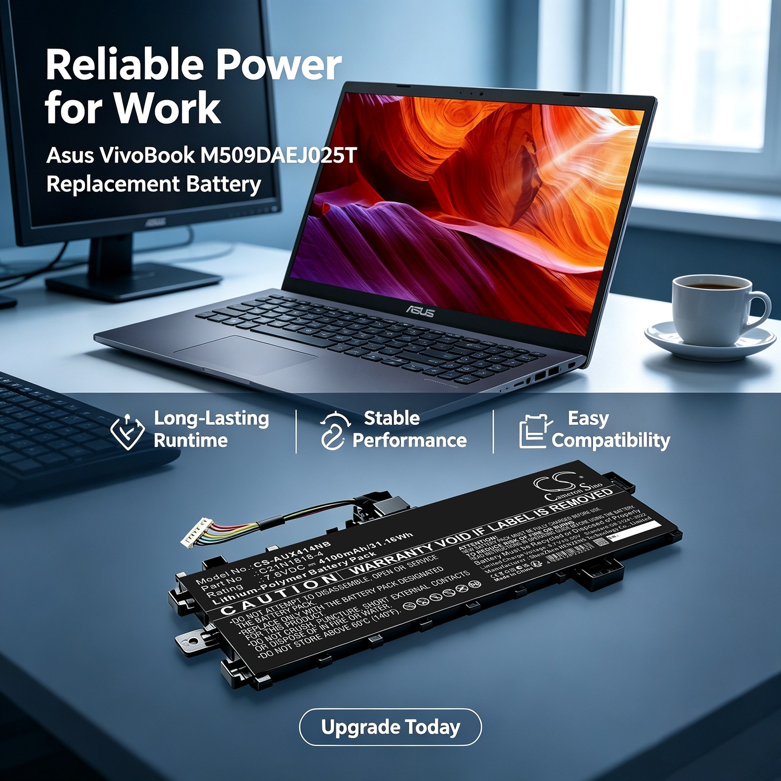 Batteri til bærbar computer, f.eks. Asus VivoBook M509DA-EJ025T m.fl.