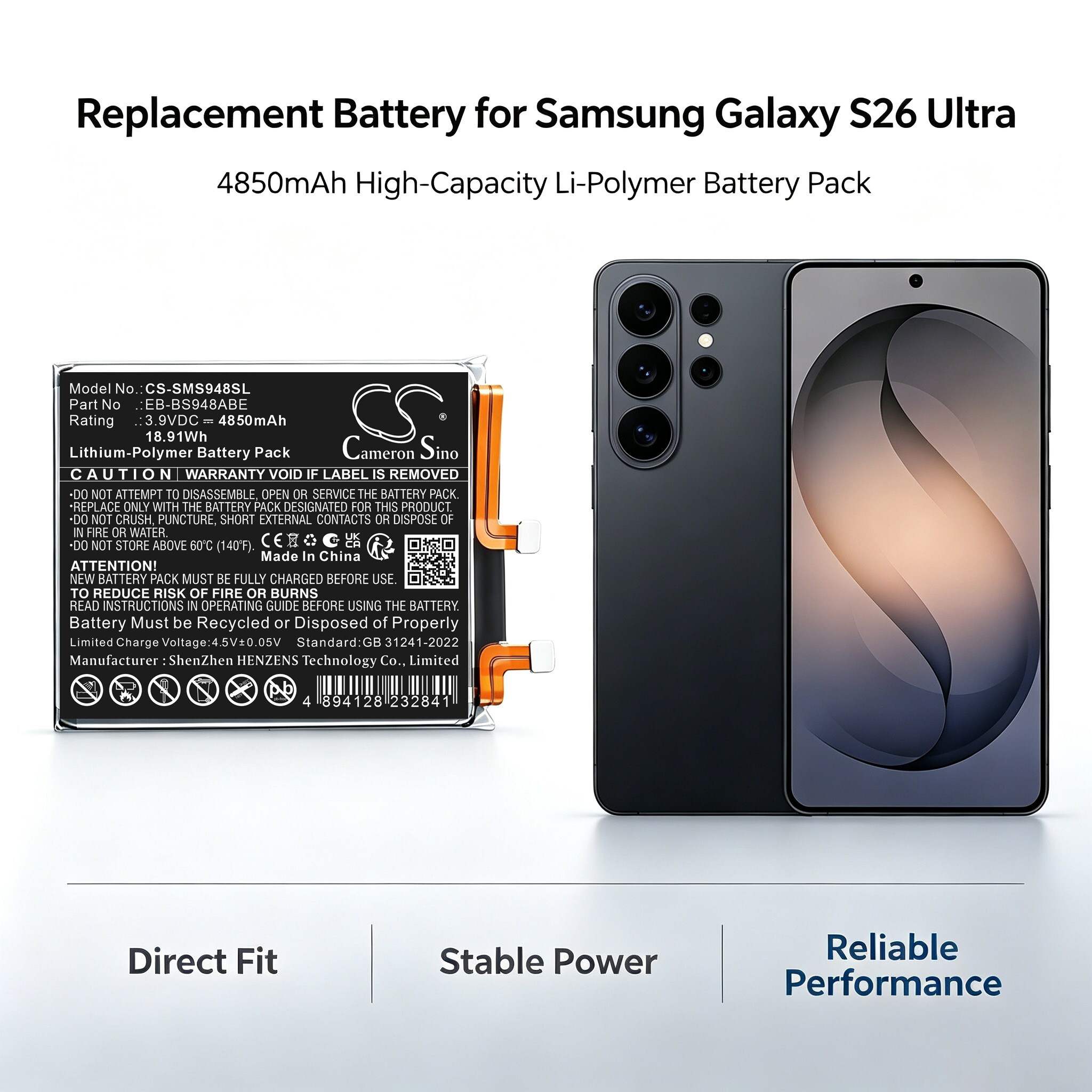 Batteri til mobiltelefon, smartphone til Samsung Galaxy S26 Ultra, SM-S948N, SM-S948B m.fl.