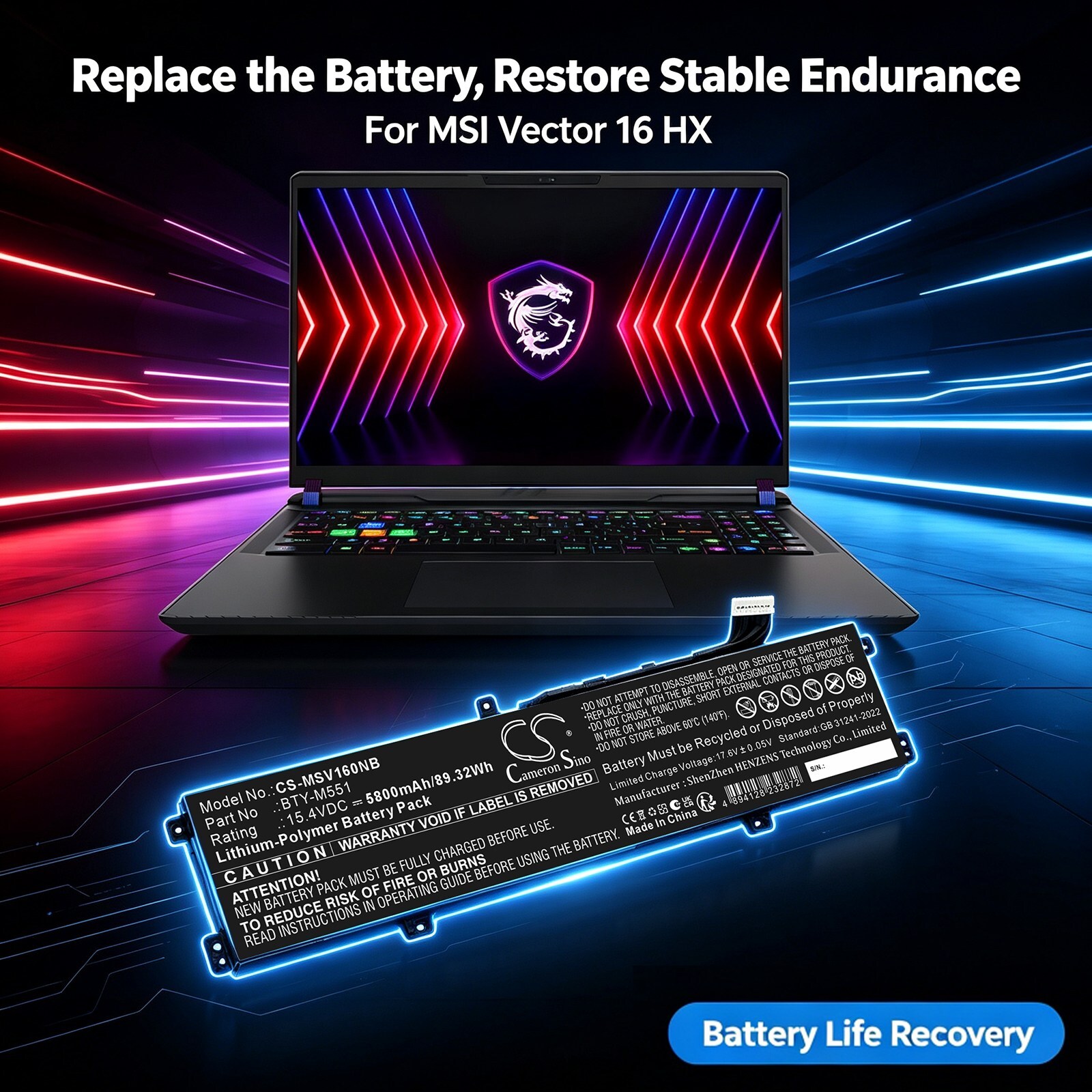 Batteri til bærbar computer, laptop til MSI Vector 16, Vector 16 HX m.fl.