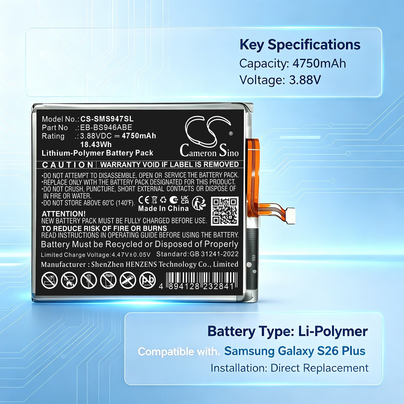 Batteri til mobiltelefon, smartphone til Samsung Galaxy S26+, Galaxy S26 Plus, SM-S947U1 m.fl.