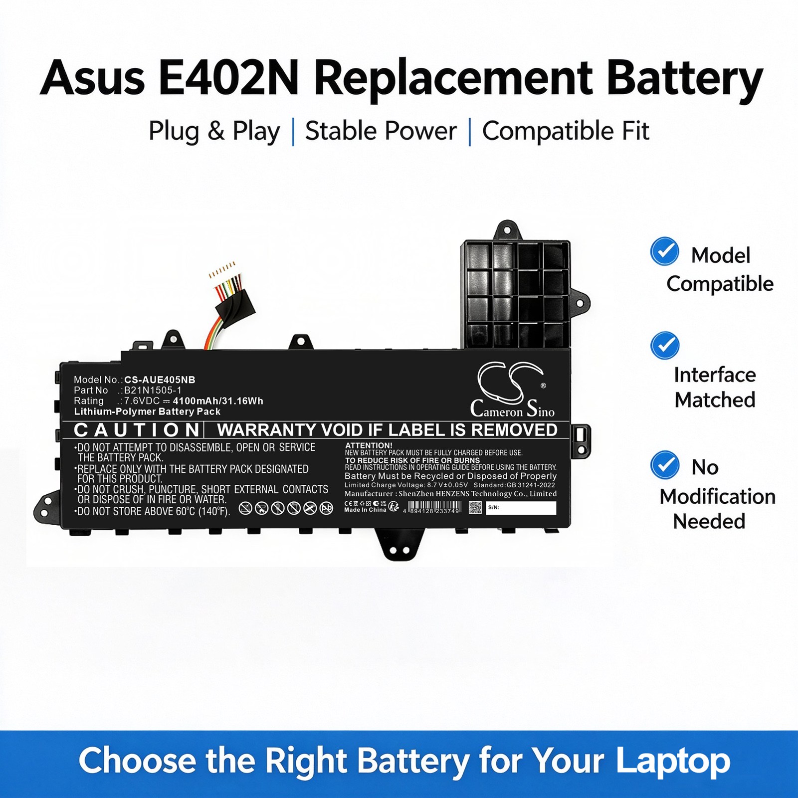 Batteri til bærbar computer, laptop til Asus E402N, E402S, E502S m.fl.