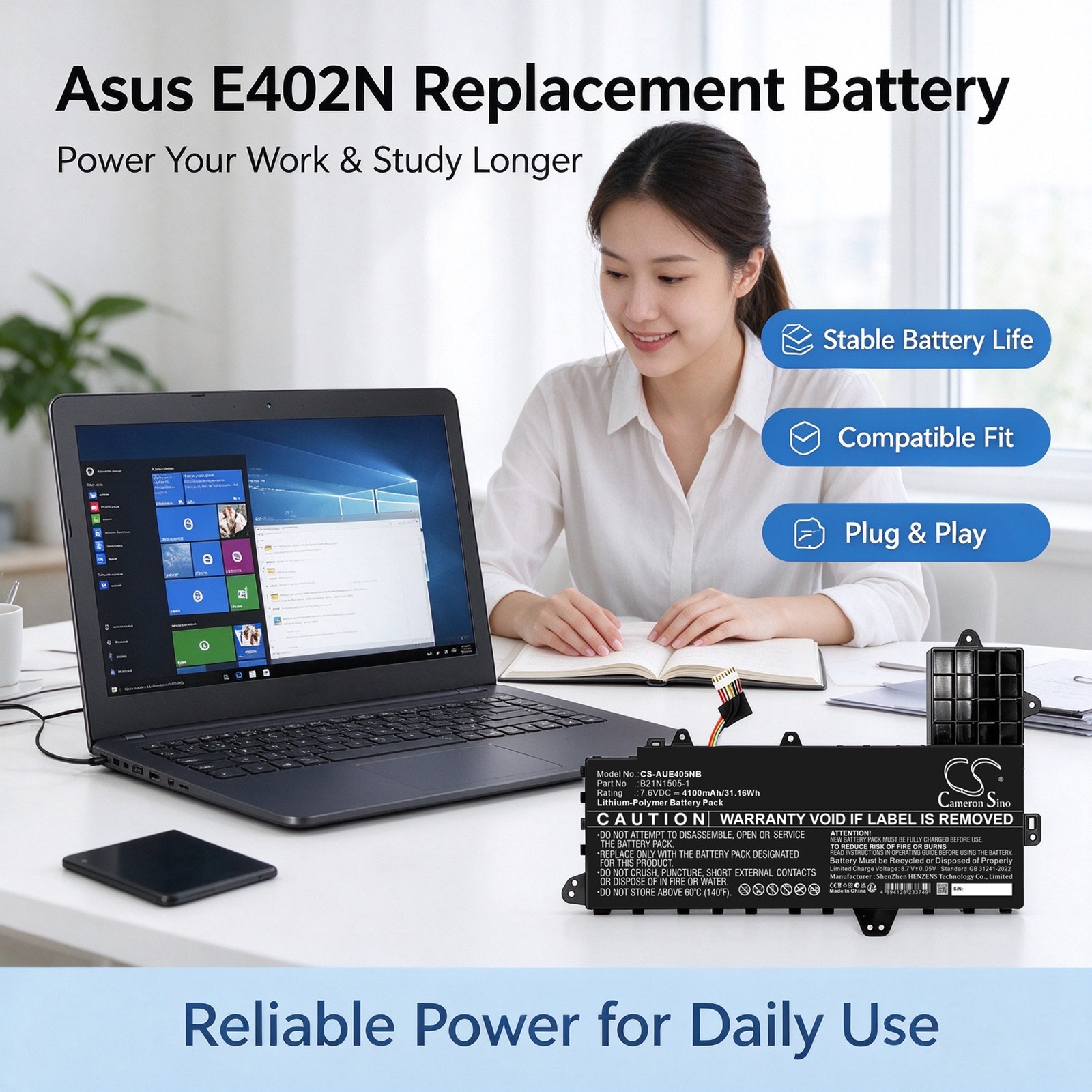 Batteri til bærbar computer, laptop til Asus E402N, E402S, E502S m.fl.