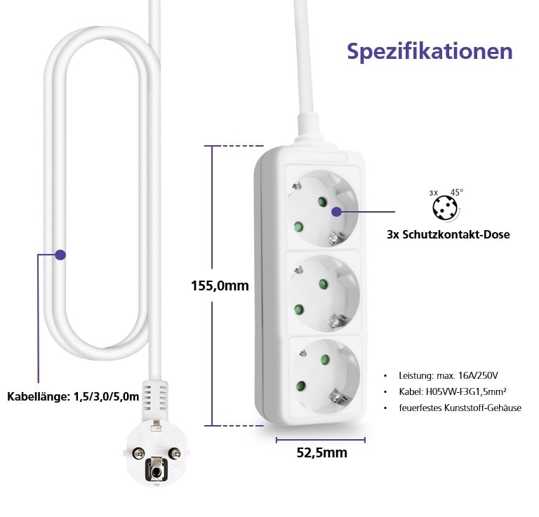 helos-stikkontakt CLASSIC, 3-vejs, hvid, 5,0 m, uden afbryder