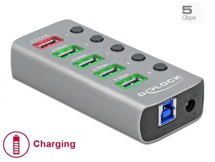 Delock USB 3.2 Gen 1-hub med 4 porte 1 hurtigopladningsport med stik
