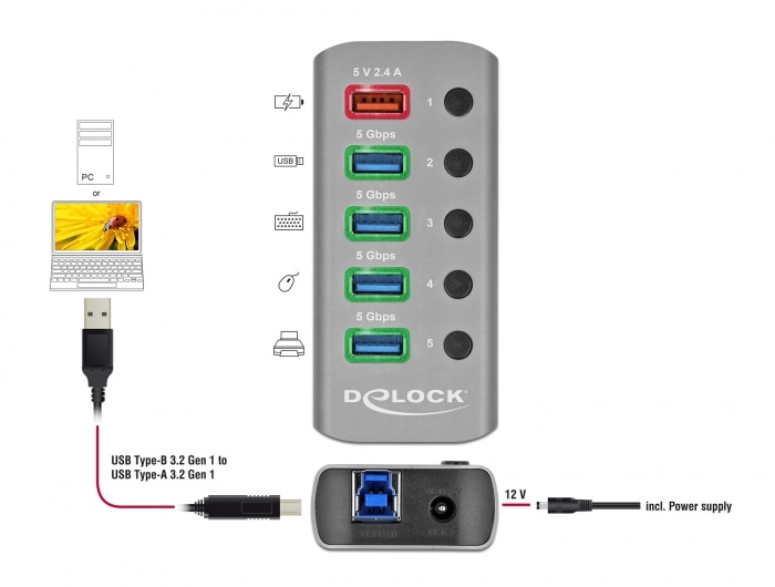 Delock USB 3.2 Gen 1-hub med 4 porte 1 hurtigopladningsport med stik