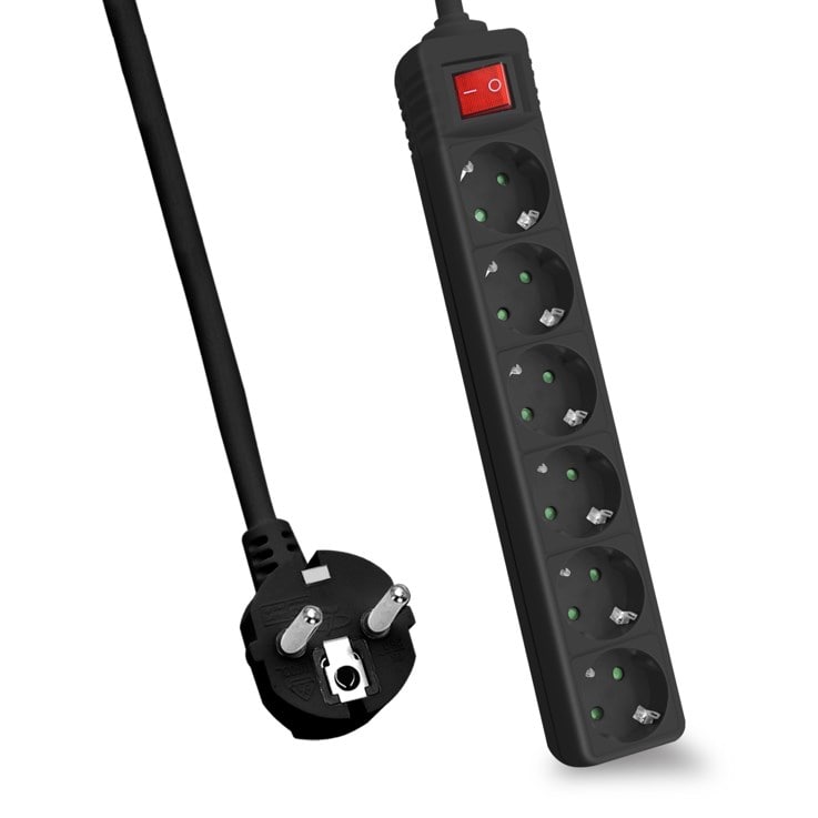 helos-stikkontakt CLASSIC, 6-vejs, sort, 1,5 m, med afbryder