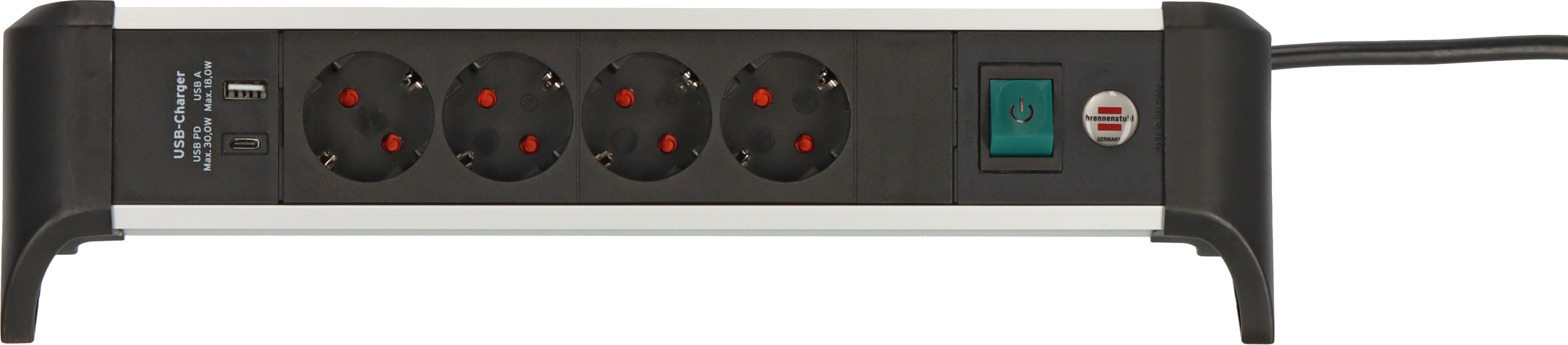 Brennenstuhl Alu-Office-Line stikkontakt 4-vejs og 1x USB-C, 1x USB-A, 1,8 m