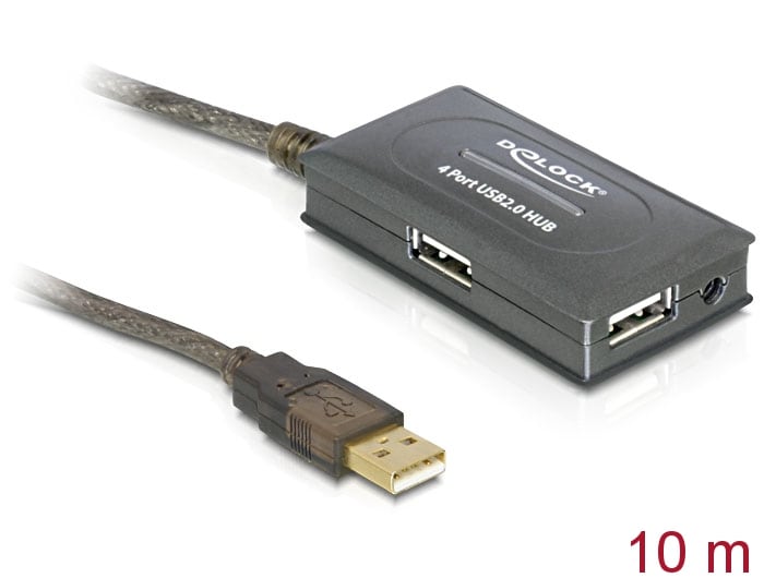 Delock USB 2.0-forlængerkabel 10 m aktivt med 4-port-hub