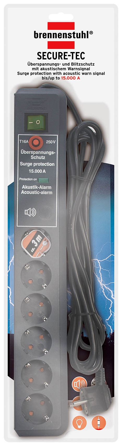 Brennenstuhl ÜSS Secure-Tec Acoustic, 6-vejs, antracit, 3m