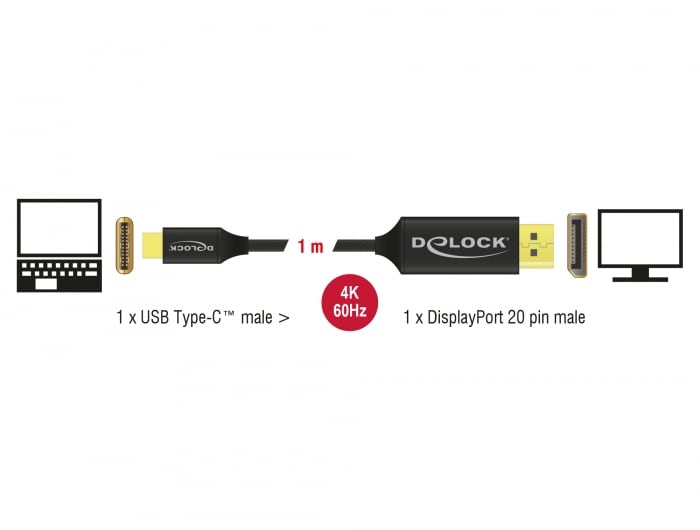 Delock USB-C til DisplayPort-kabel (DP Alt Mode) 4K 60 Hz 1 m