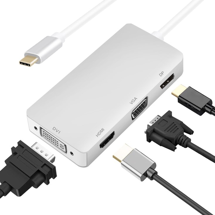 helos HUB, USB 3.1 Type-C St./DP/HDMI/DVI/VGA Bu, PREMIUM 4K, sølv