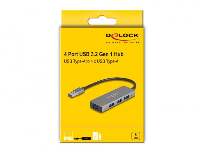 Delock 4-port USB 3.2 Gen 1-hub med USB Type A-stik 4x Type A-stik på siden