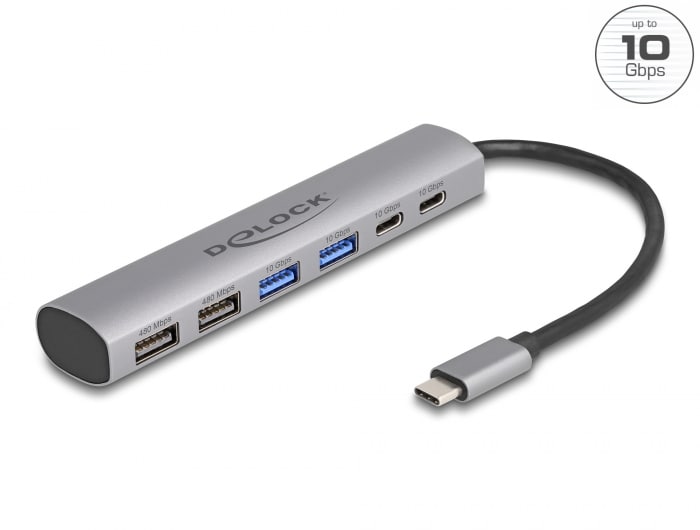 Delock 6-port USB-hub med 4 x USB Type-A-stik og 2 x USB Type-C-stik