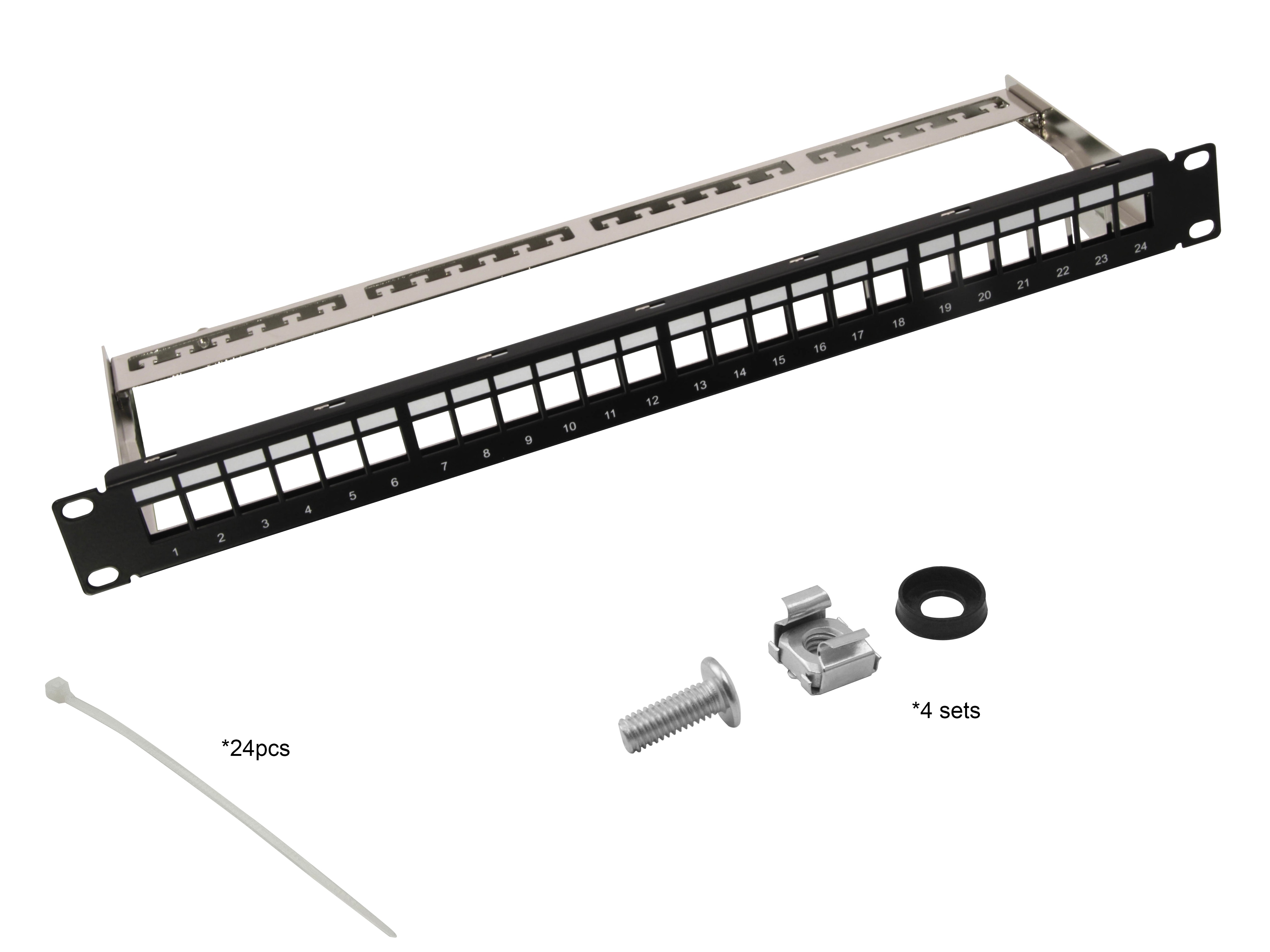 helos Keystone - 19 modulært rack 1 U 24 port, trækaflastningsskinne, sort