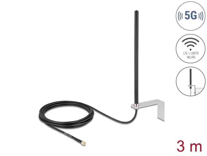 Delock 5G LTE-antenne SMA-stik 3 - 5 dBi rundstrålende stiv med tilslutningskabel