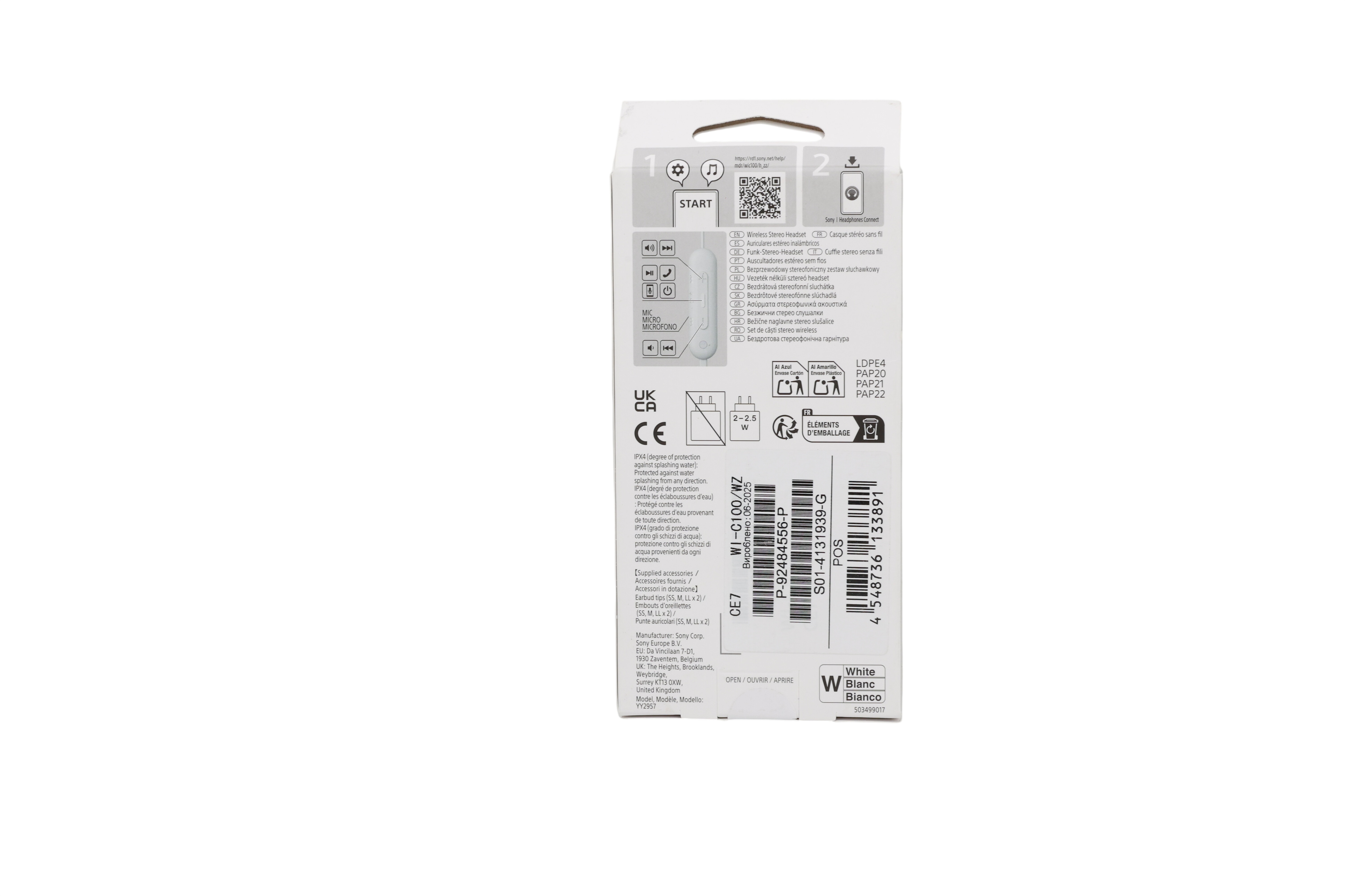 Sony WI-C100 trådløse in-ear-hovedtelefoner, hvid