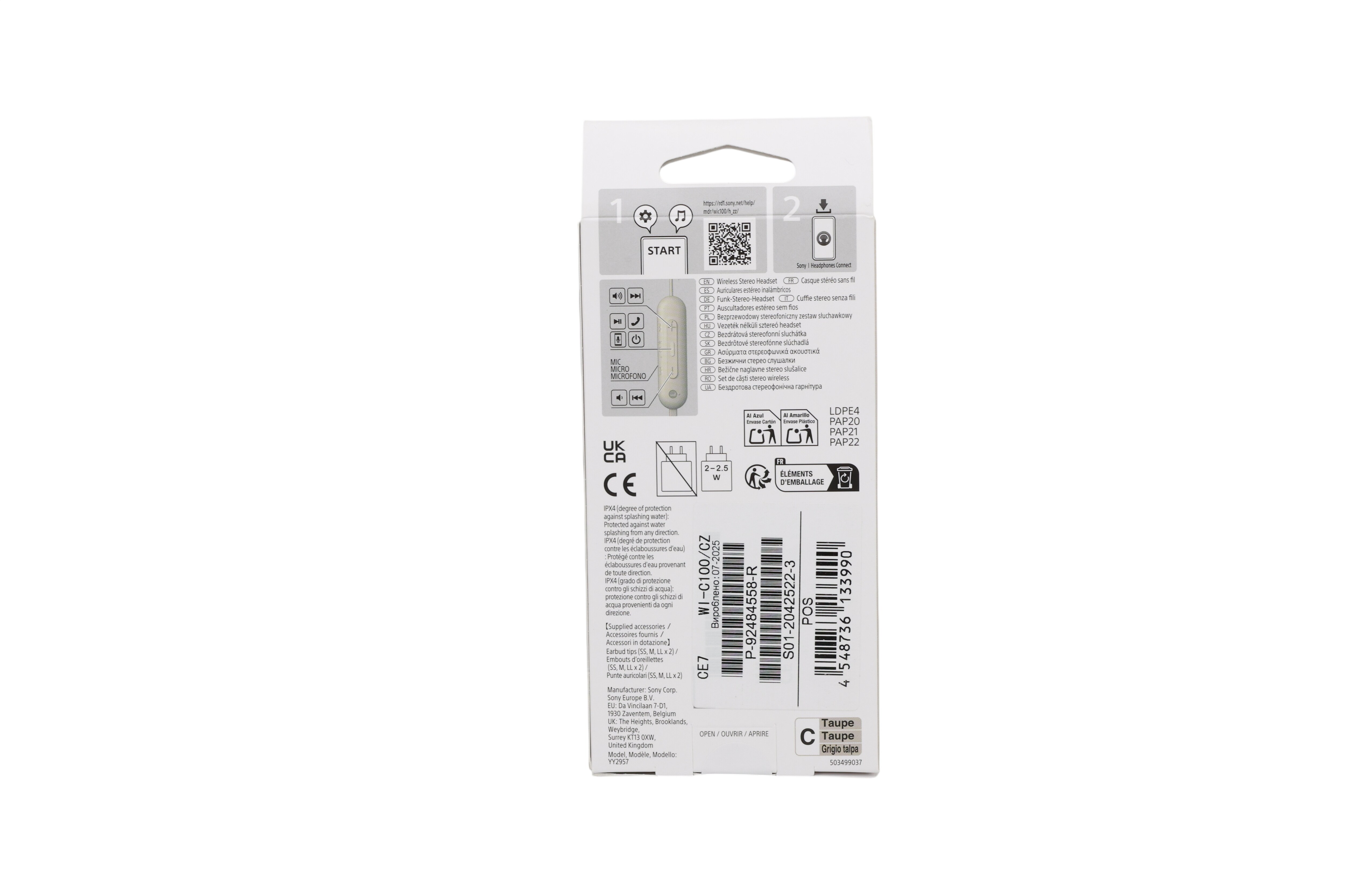 Sony WI-C100 trådløse in-ear-hovedtelefoner, taupe