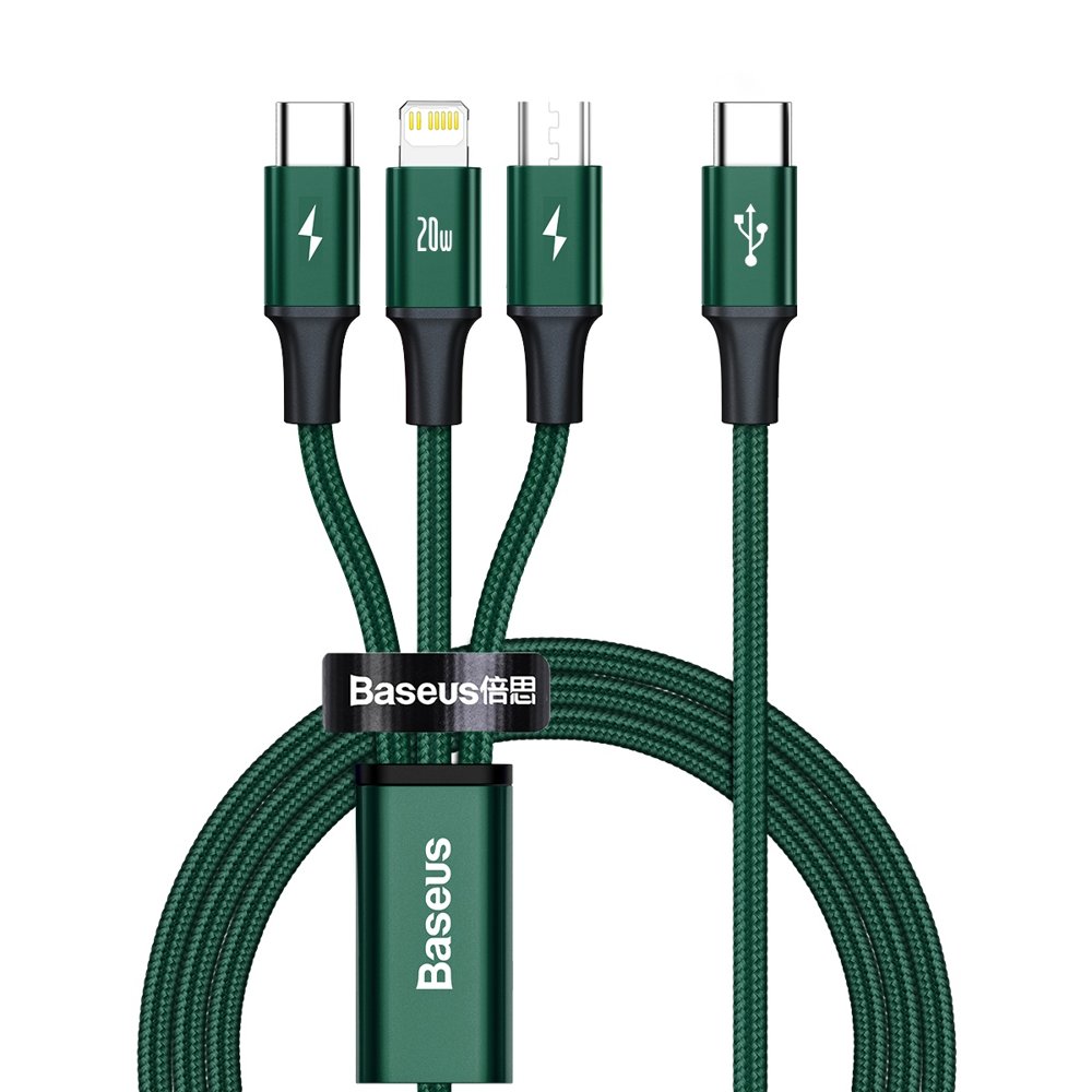 Baseus Rapid Series 3in1 USB-C - USB-C / Lightning / micro USB-kabel 20W PD 1,5 m - grøn