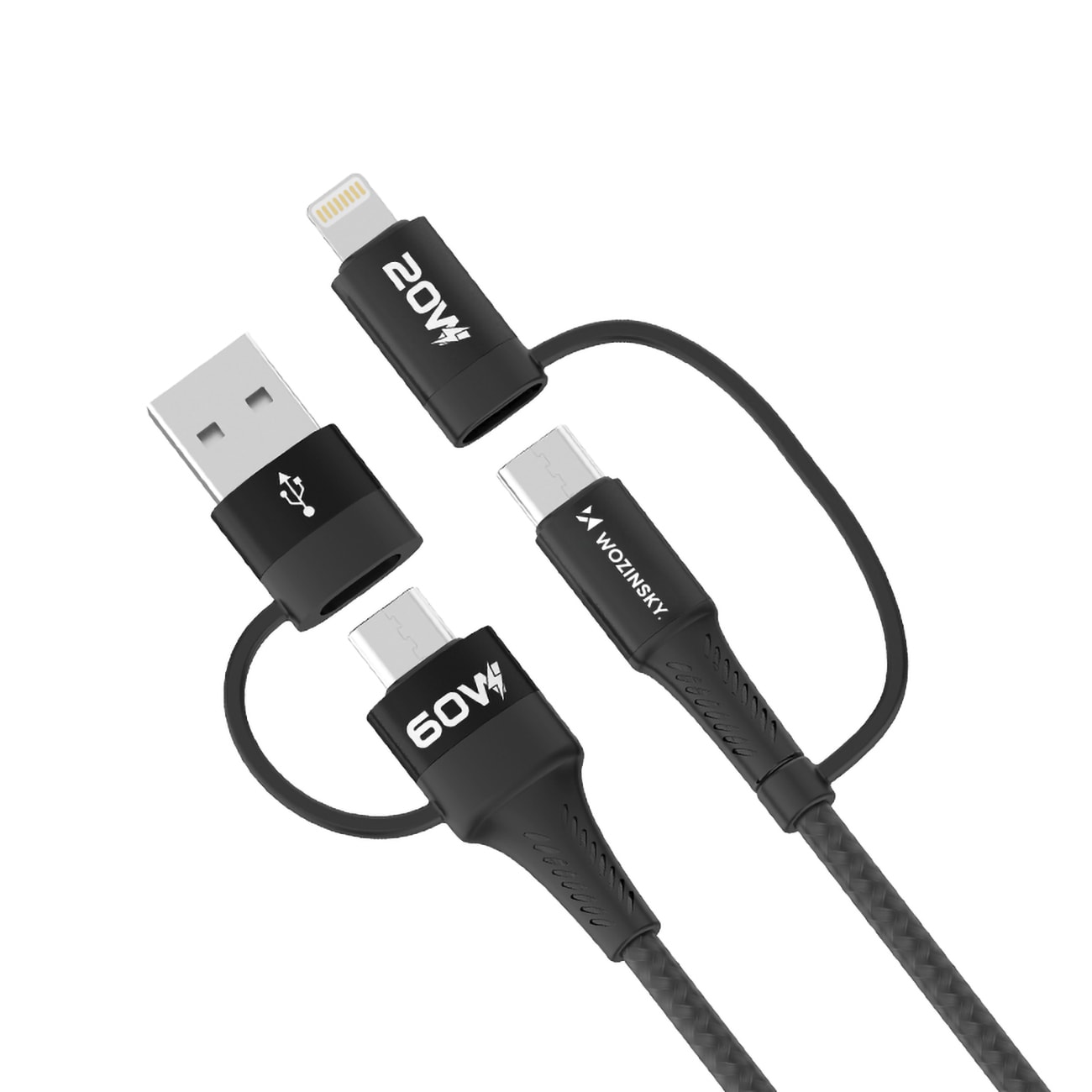 Wozinsky WNBAA 4in1-kabel 2x USB-C 1x USB-A 1x Lightning 60W 1 m - sort