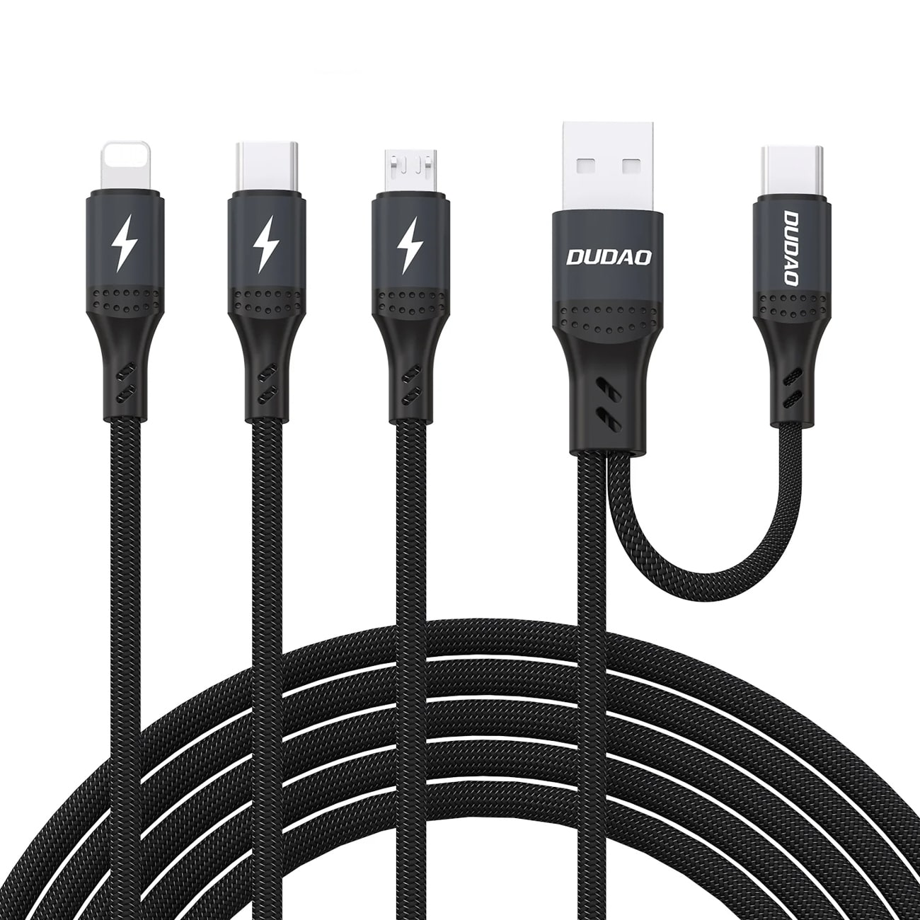 Dudao L3W USB-A/USB-C til Lightning/USB-C/MicroUSB 66W-kabel - sort