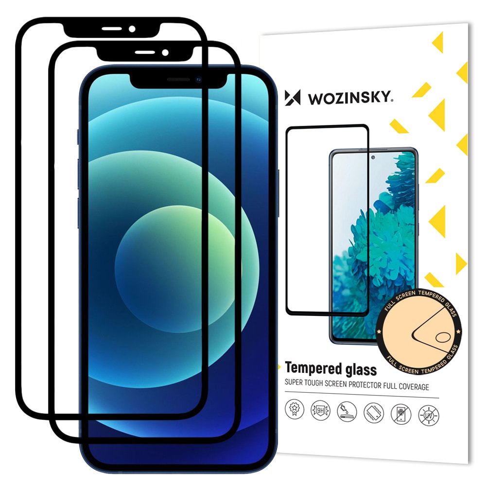Wozinsky 2x hærdet glas skærmbeskytter til iPhone 12 Pro/12 - fuld lim, case friendly, sort