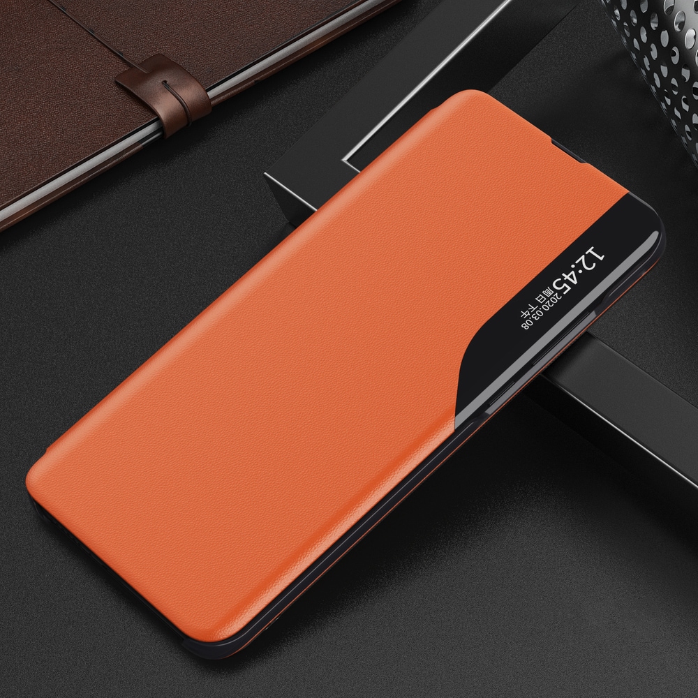 Eco Leather View Case elegant bogreol-etui med kickstand til Samsung Galaxy A22 4G orange