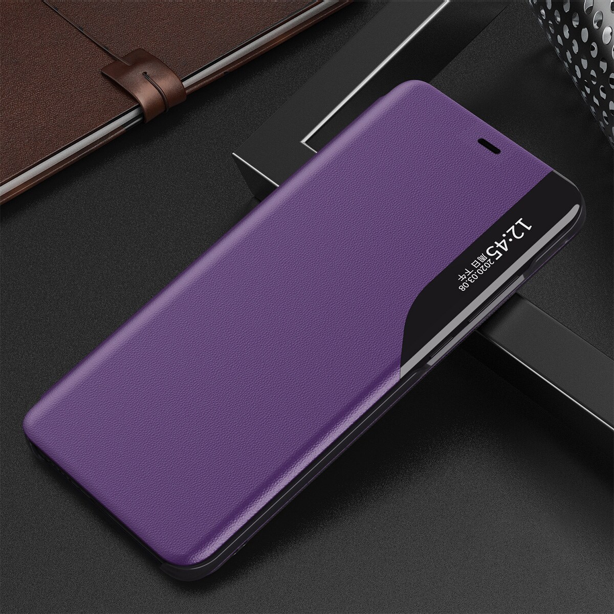 Eco Leather View Case elegant bogreol-etui med kickstand til iPhone 13 Pro lilla