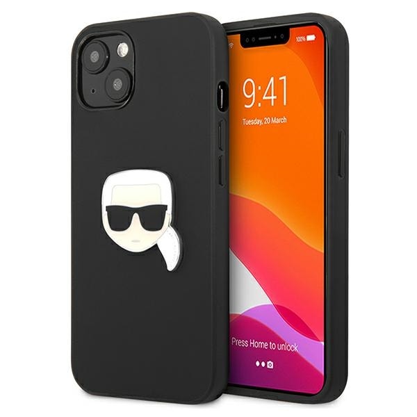 Karl Lagerfeld Ikonik Karl's Head metaltaske i læder til iPhone 13 mini - Sort