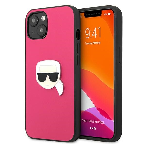 Karl Lagerfeld Ikonik Karl's Head metaltaske i læder til iPhone 13 mini - Pink