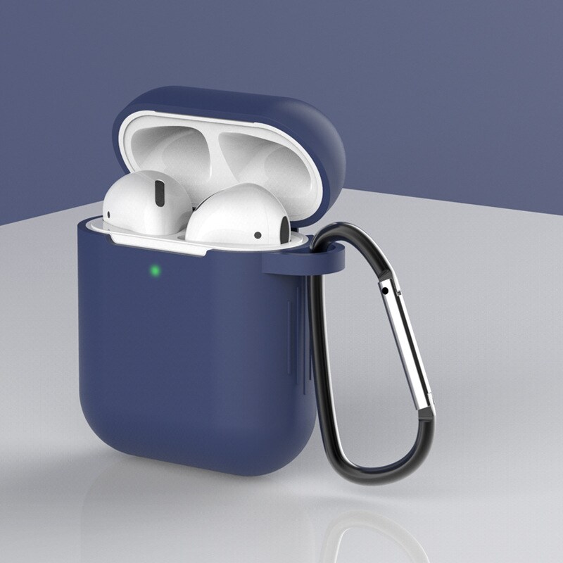 Blødt silikone etui til AirPods 1/2 + nøgleringskarabin vedhæng blå (etui D)