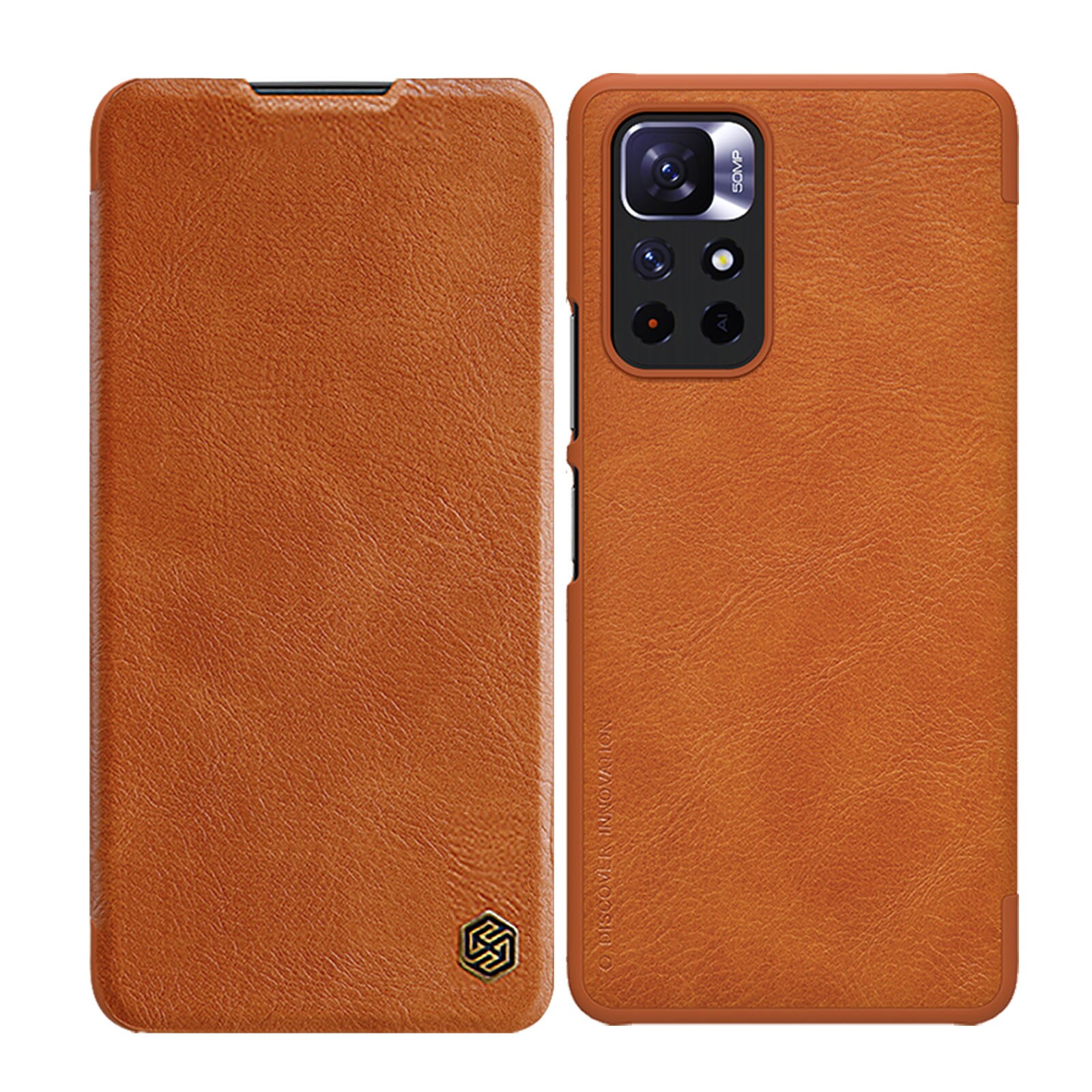 Nillkin Qin Case for Xiaomi Redmi Note 11T/11S/11 5G & Poco M4 Pro 5G - Brown Flip Cover