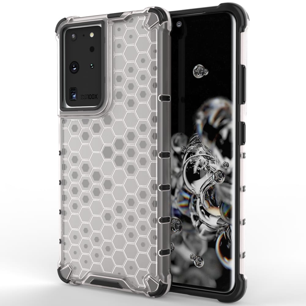 Honeycomb-etui pansret cover med gelramme til Samsung Galaxy S22 Ultra transparent