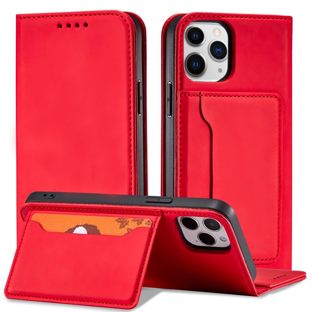 Magnet Kortetui til iPhone 12 Pro Pouch Card Wallet Kortholder Rød