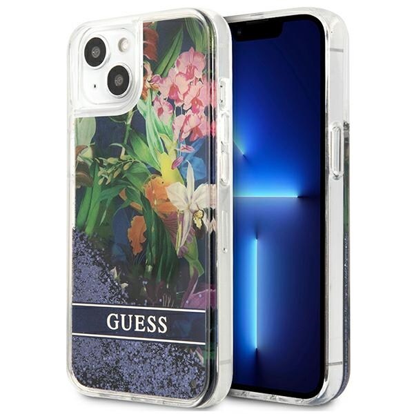 Guess GUHCP13SLFLSB iPhone 13 mini 5,4" blå/blå hardcase Flower Liquid Glitter