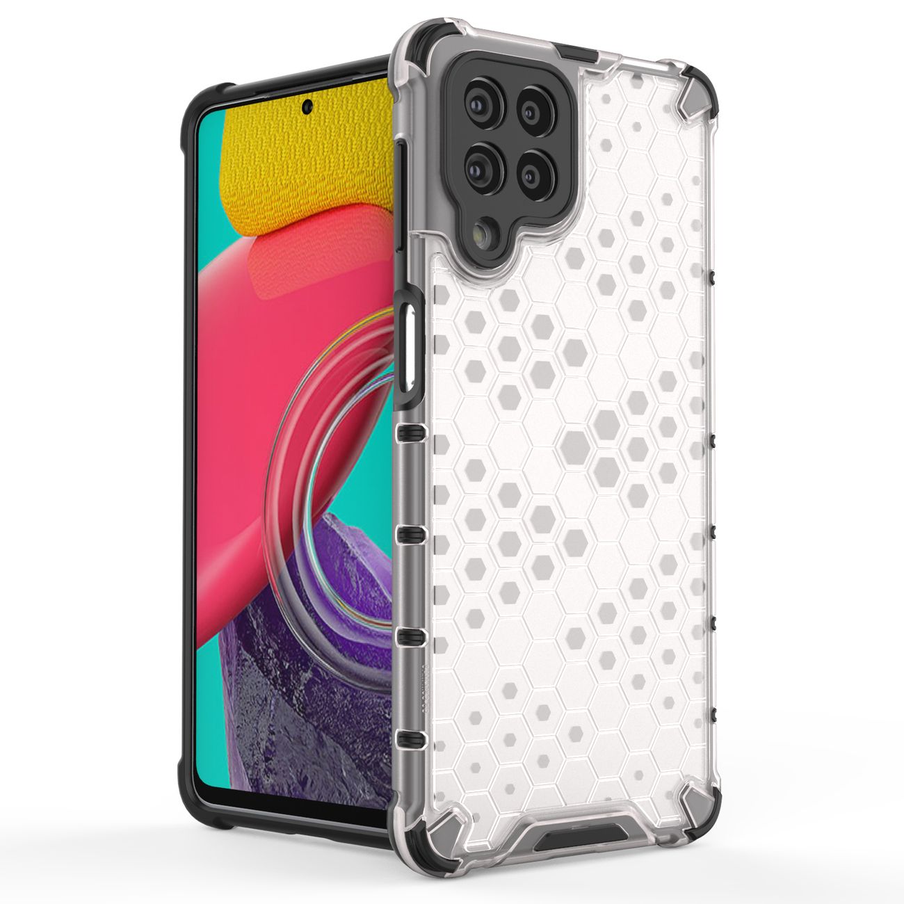 Honeycomb-etui pansret cover med gelramme til Samsung Galaxy M53 5G sort