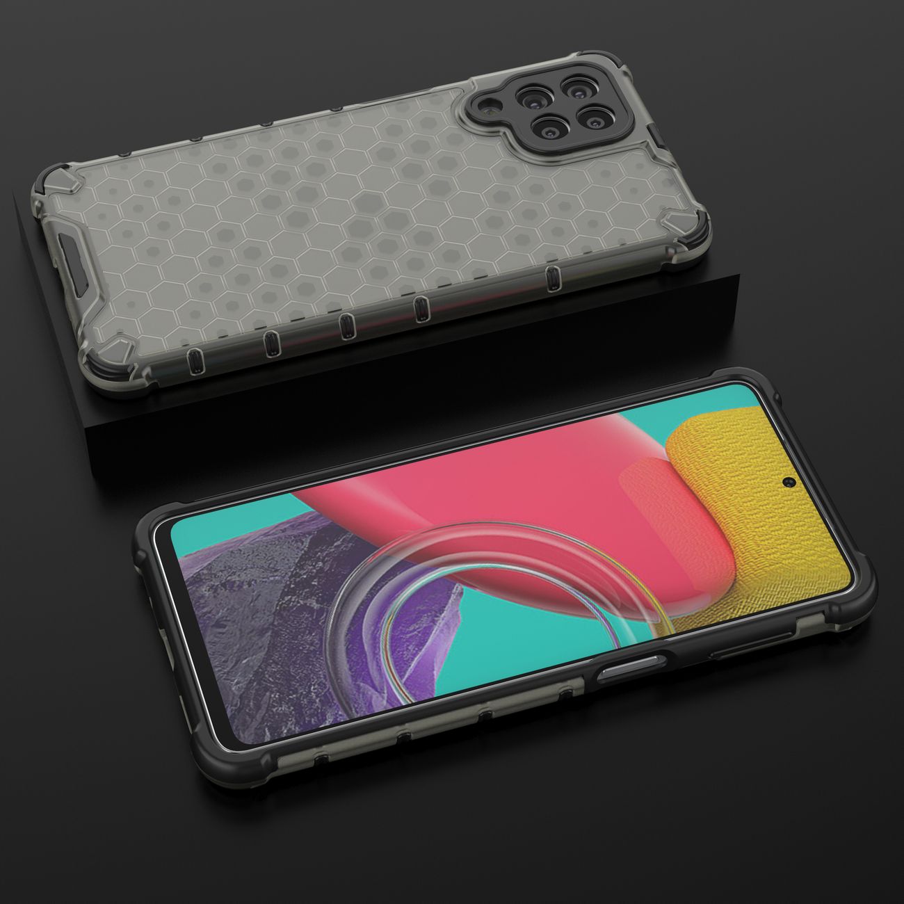 Honeycomb-etui pansret cover med gelramme til Samsung Galaxy M53 5G sort