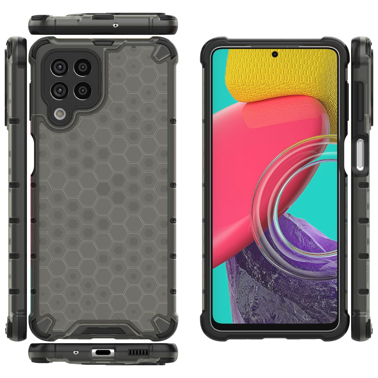 Honeycomb-etui pansret cover med gelramme til Samsung Galaxy M53 5G sort