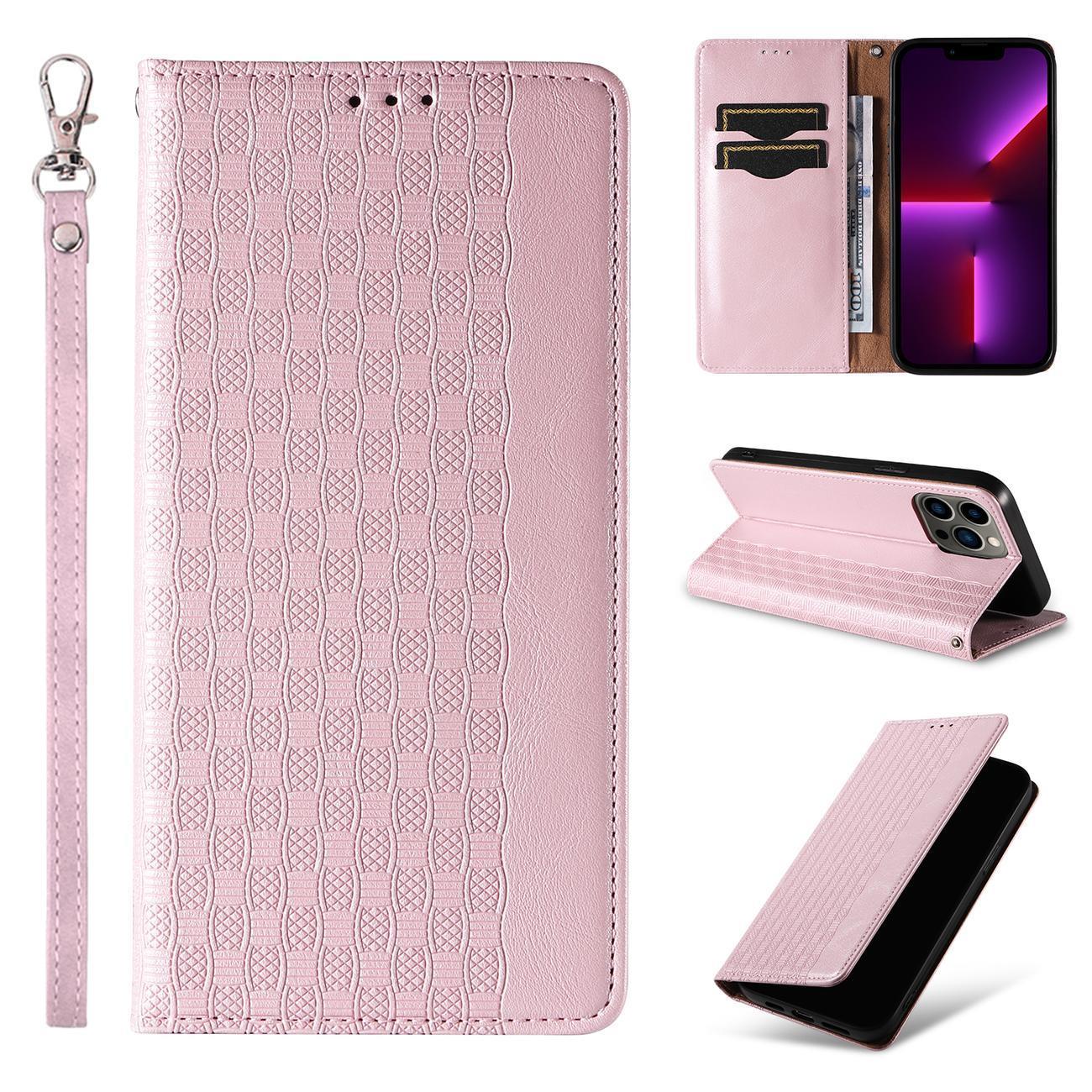 Magnet Strap Case Case for iPhone 14 Plus Flip Wallet Mini Lanyard Stand Pink