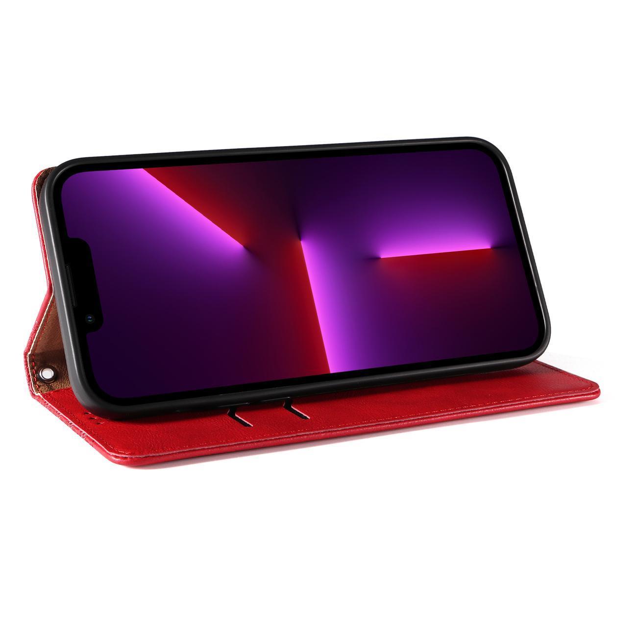 Magnet Strap Case Case for iPhone 14 Pro Max Flip Wallet Mini Lanyard Stand Red
