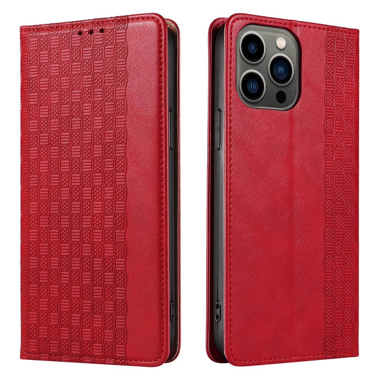Magnet Strap Case Case for iPhone 14 Pro Max Flip Wallet Mini Lanyard Stand Red