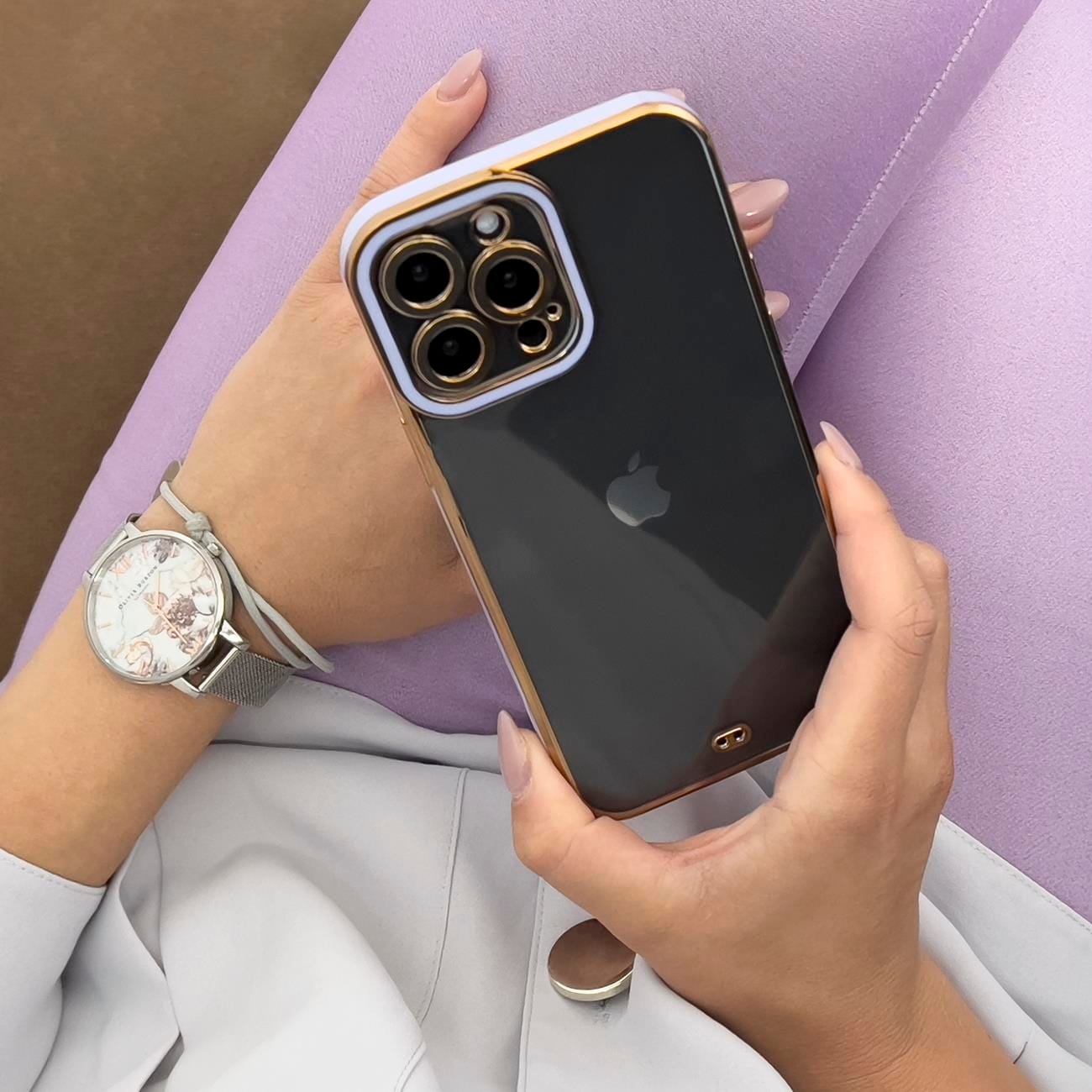 Fashion Case til iPhone 12 Pro Gold Frame Gel Cover Purple