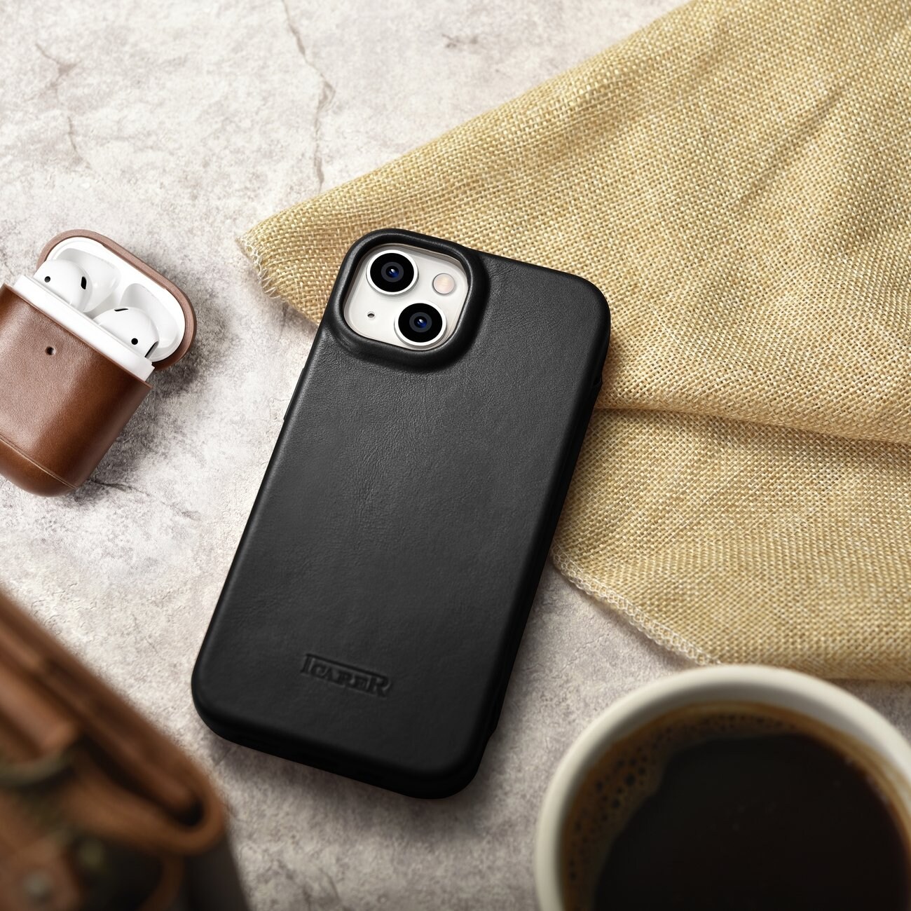 iCarer CE Oil Wax Leather Folio Case for iPhone 14 Plus, Magnetic Flip, MagSafe, Black