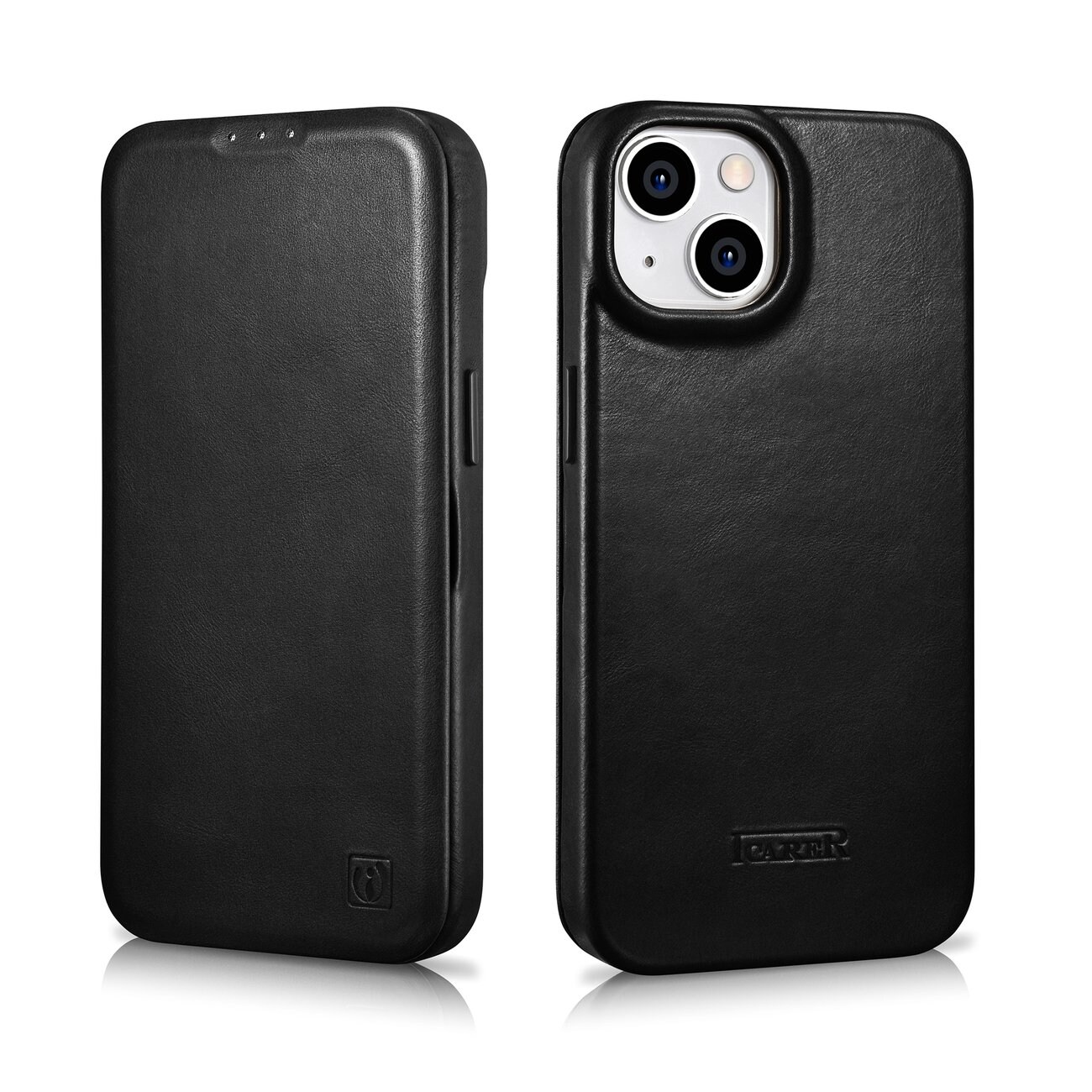 iCarer CE Oil Wax Leather Folio Case for iPhone 14 Plus, Magnetic Flip, MagSafe, Black