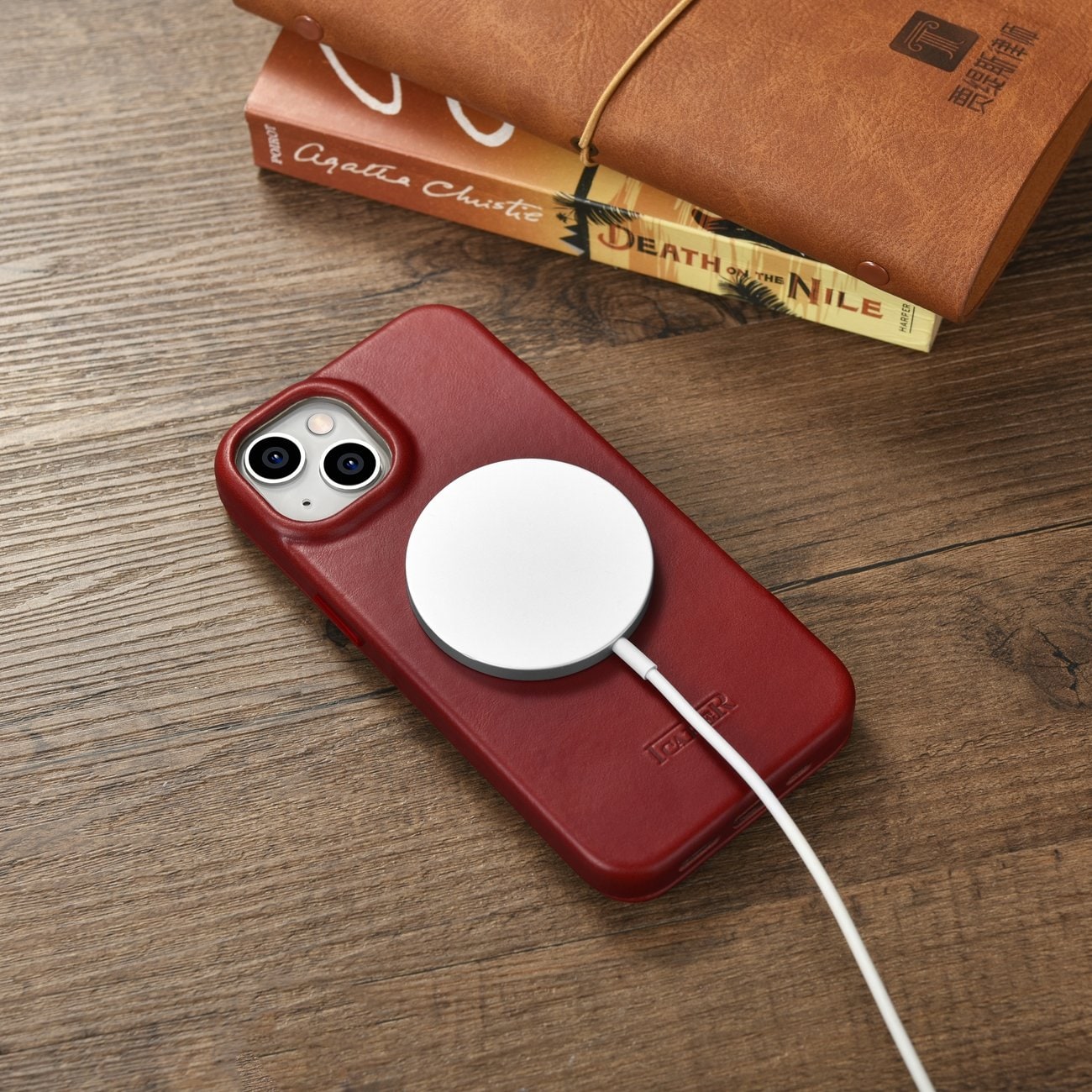 iCarer CE Oil Wax Premium Leather Folio Case for iPhone 14 Plus, Magnetic Flip, MagSafe, Red