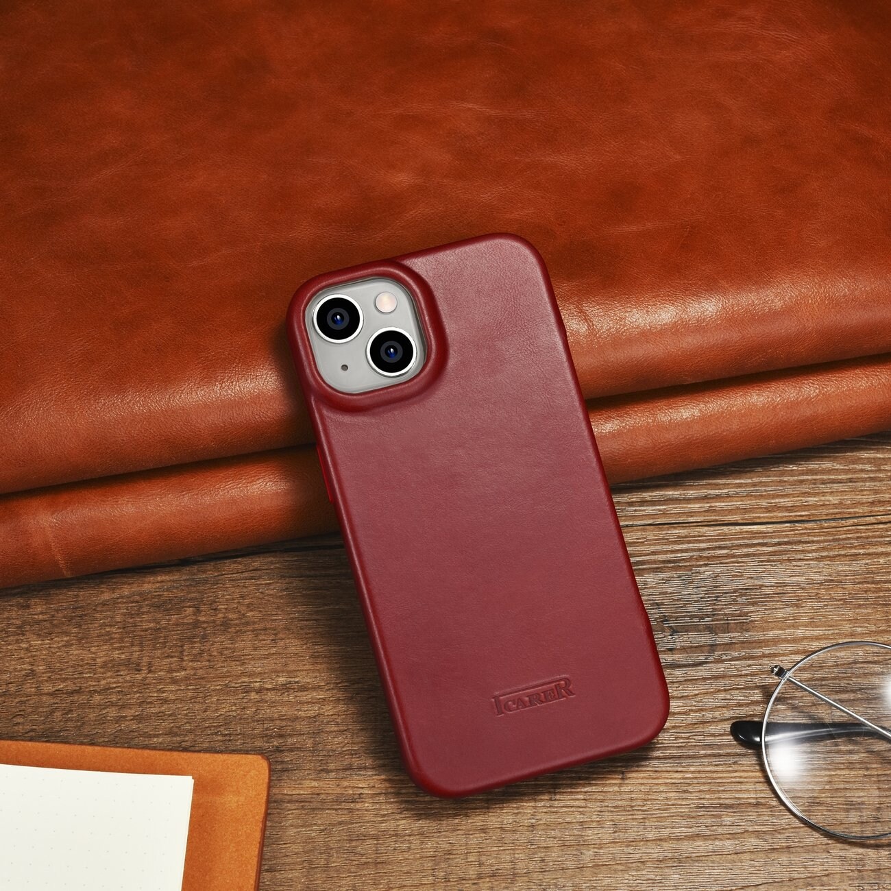 iCarer CE Oil Wax Premium Leather Folio Case for iPhone 14 Plus, Magnetic Flip, MagSafe, Red