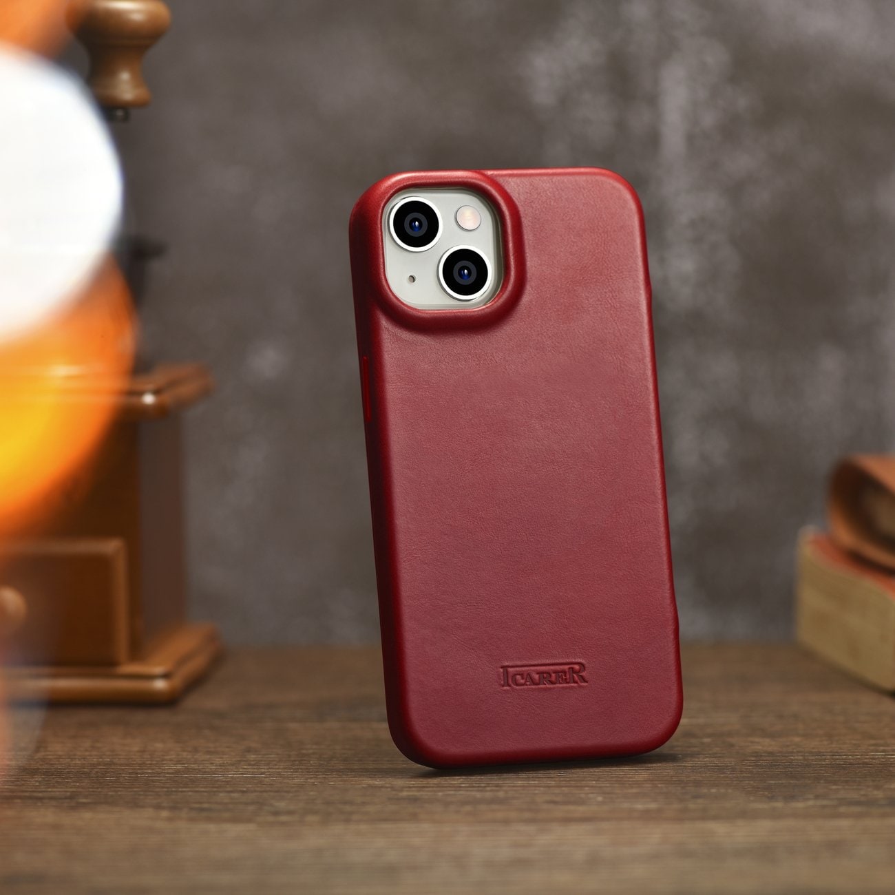 iCarer CE Oil Wax Premium Leather Folio Case for iPhone 14 Plus, Magnetic Flip, MagSafe, Red